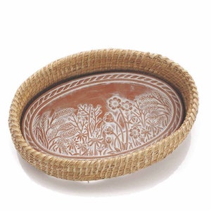 Bread Basket with Terracotta Warmer, Engraved with Nature-Inspired Spring Meadow Design
