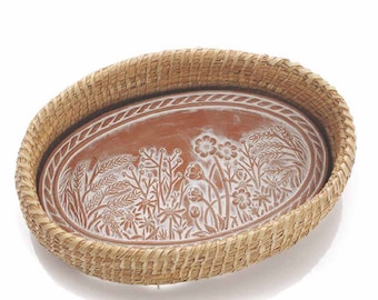 Bread Basket with Terracotta Warmer, Engraved with Nature-Inspired Spring Meadow Design