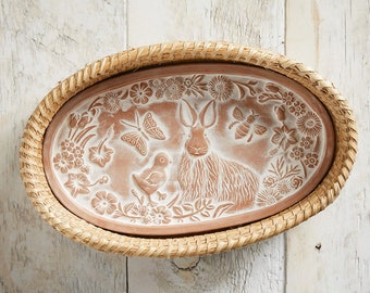 Bread Basket with Terracotta Warmer, Engraved with Nature-Inspired Spring Bunny Design, Popular Housewarming Gift