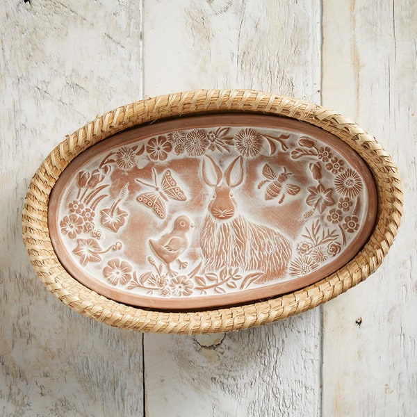 Bread Basket with Terracotta Warmer, Engraved with Nature-Inspired Spring Bunny Design, Popular Housewarming Gift