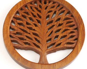 Handmade Wooden Trivet with Tree of Life Design, Handcarved from Sheesham Wood