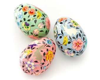 Bunnies and Birds Kashmiri Eggs, Set of Three, Badloo Wood, Papier-Mâché, Recycled Paper, Easter Decorations, Spring Decor, Popular Gifts