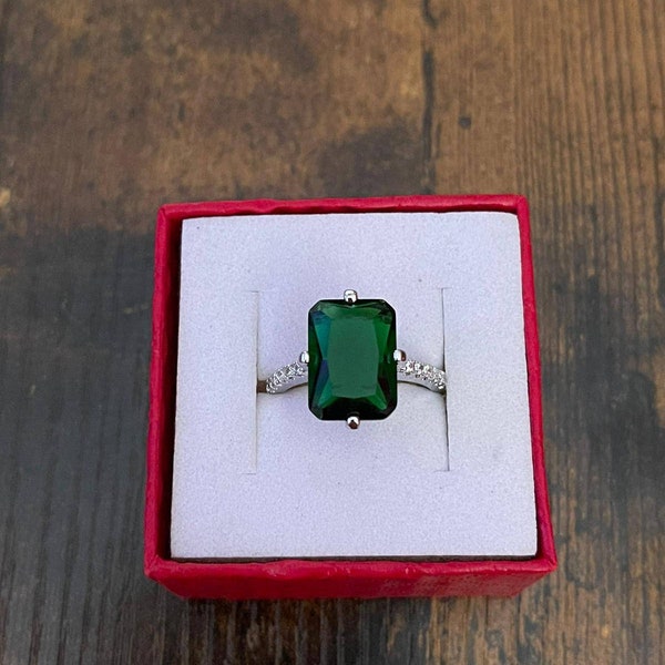 Emerald Style & CZ Sterling Silver Ring, Rectangular Crystal Ring, Aries, Taurus, Gemini, and Libra Star Sign