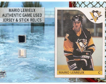 Mario Lemieux Game Used Stick & Worn Jersey Dual Relic Photo Display Rookie Card Pittsburgh Penguins Hockey Hall of Fame NHL Wall Decor