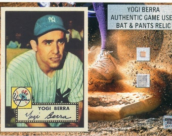 Yogi Berra Game Used Bat & Worn Jersey Pants Dual Relic Photo Display Rookie Card New York Yankees Hall of Fame MLB Gift For Husband Partner
