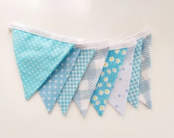Blue Fabrics Bunting, Fabric Flower Garland, Handmade Bunting Banner, Garden Party Decor, Outdoor Decoration