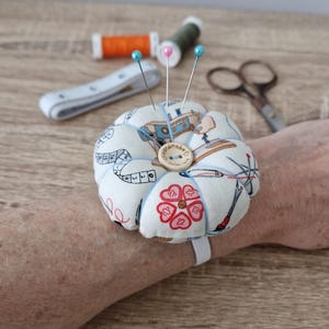 Wrist Pin Cushion, Sewing Machine Floral Print, Handcrafted Sewing Accessory