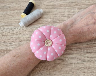 Pink Dots Wrist Pin Cushion: Handmade Sewing Gift with Pins, Sewing Lover Gifts