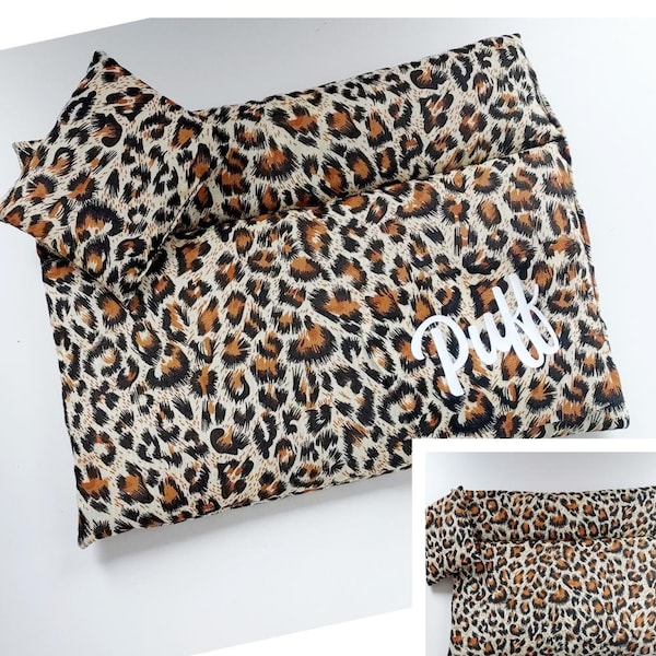 Lizard / reptile padded bed with pillow. Leopard print design. Personalised option available.