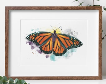 Papillon sur une fleur peinture | Impression de fleurs de papillons Fleurs de papillon Impression de papillons à l'aquarelle Art de papillons et de fleurs