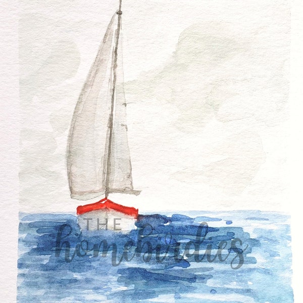 Handmade Sailboat Art Watercolor Print / Sailboat at Sea with Cloudy Sky / Red White Blue / Independence Day Print / Sailing / Nautical Art