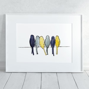 Vogel aquarel print/vogels op een lijn vogel kaart voor broers en zussen vogel familie vogel vrienden vogels op een tak vogel cadeau voor vriend vogel feest