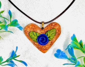Florida Gators Floral Heart Pendant Necklace, Copper guilding with a big blue rose, on brown Faux Leather Cord