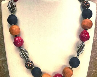 Vintage Coro Wooden Bead Necklace | Black, Red & Gold Tribal Style, 30”