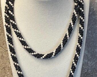 Vintage black and white rope necklace, single strand seed beads, opera length necklace