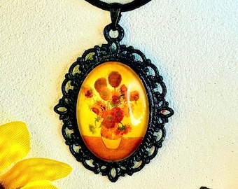 Van Gogh Sunflowers Cameo Necklace - Bronze/Copper Faux Leather Cord