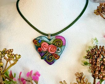 Floral Heart Pendant Necklace, Pink Roses, Sage Green Faux Leather Cord