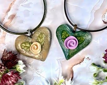 Floral Heart Pendant Necklace, Faux Marble Stone with pastel roses, on Faux Leather Cord Polymer Clay | Choose between 2