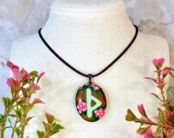 Rune Necklace Pendant ‘Thurizaz’ Antique Gold Glow in the Dark Cabachon | Hand-Painted  Pendant on Black Faux Leather Cord