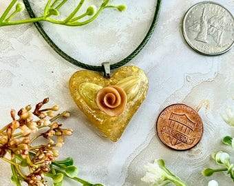 Handmade Floral Heart Pendant Necklace, Faux Opal Rose, Sage Faux Leather Cord