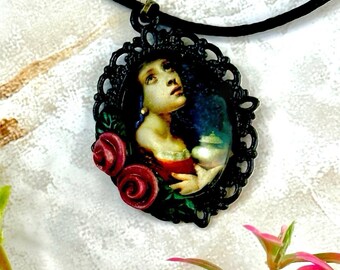 The Penitent Magdalene Cameo Necklace | Carlo Dolci Fine art Pendant on Faux Leather Cord
