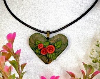 Floral Heart Pendant Necklace, brown with pink rhinestone flowers, on brown Faux Leather Cord