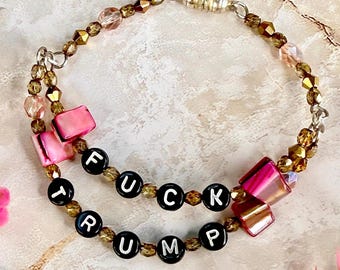 Fuck Trump Letter Bead Bracelet | Double Strand Stainless Steel | Mother of Pearl and Magnetic Clasp