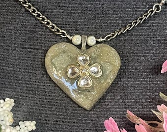 Upcycled Rhinestone Clover Heart Pendant Necklace | Faux Marble Polymer Clay