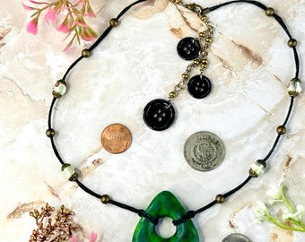 Coraline Looking Stone Pendant Necklace | Faux Verdite Resin, Black Hemp Cord, Button Accents