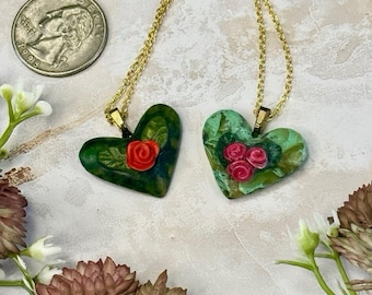 Floral Heart Pendant Necklace, Faux Marble Stone with red roses, on gold chains