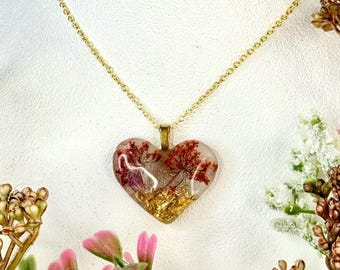Floral Heart Pendant Necklace, ‘Impression of Cherry Blossom Tree’, on Gold Colored Chain