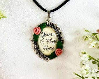 Custom Photo or Drawing Cameo Pendant Necklace with or without roses, Faux Leather Cord