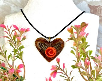 Floral Heart Pendant Necklace, Bronze Faux Marble Heart with a Red Rose on a Faux Leather Black Chord