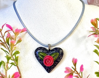Floral Heart Pendant Necklace, Faux Granite Heart with a Red Rose on a Faux Leather Black Chord