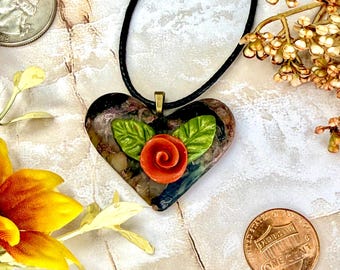Floral Heart Pendant Necklace, Faux Marble, Red Rose, Faux Leather Chord