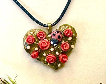 Red Roses with Ladybug on Heart Pendant | Faux Leather Cord Necklace