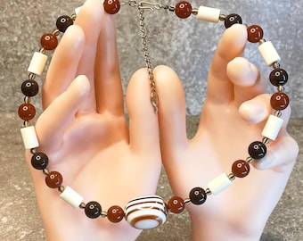 1970s Sarah Coventry Brown and White Bead Necklace | Vintage Jewelry
