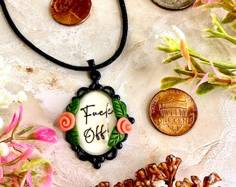 Vintage Style ‘Fuck Off’ Cameo Pendant Necklace with two red roses on Faux Leather Cord