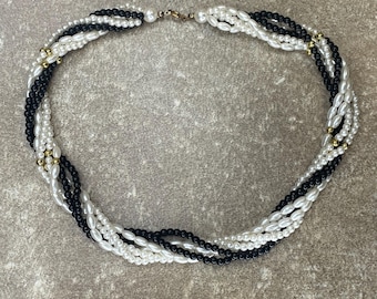 Vintage 1950s Faux Onyx Pearl Choker | Black & White Twist Necklace