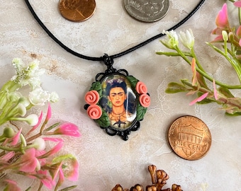 Frida Kahlo Cameo Necklace | Self-Portrait Pendant on Faux Leather Cord | 3 Styles available