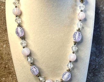 Vintage Lucite Retro Pink, Lavender, and crystal colored acrylic beaded necklace 24” | collectors item