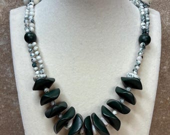 1980's Karla Jordan green and white, tree agate and painted wood beaded necklace, 20"