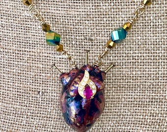 Anatomical Heart Pendant with dissection pins 3 of swords Green Beads on Gold Colored Chain Adjustable Necklace OOAK