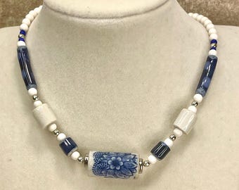 1960's Vintage blue and white porcelain Chinese export necklace single strand 20"