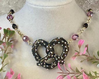 Bedazzled Heart Shaped Pretzel Pendant Necklace | polymer clay with Brown and Pink beads and embellished extender chain