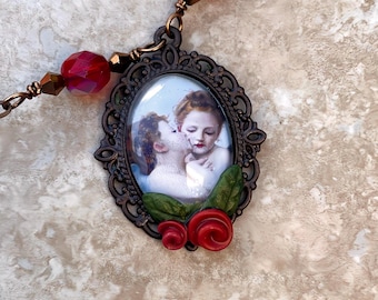 Cupid & Psyche Cameo Necklace | Polymer Clay Red Roses Pendant
