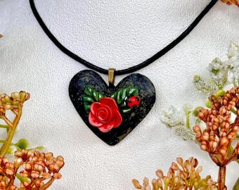 Floral Heart Pendant Necklace, Faux Marble Rose, Ladybug