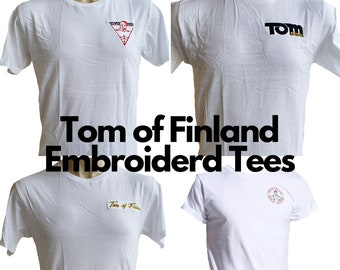 Tom of Finland T-shirts Embroidered White Tee Shirts Gay Leather Fetish Muscle Men's Art Fitted