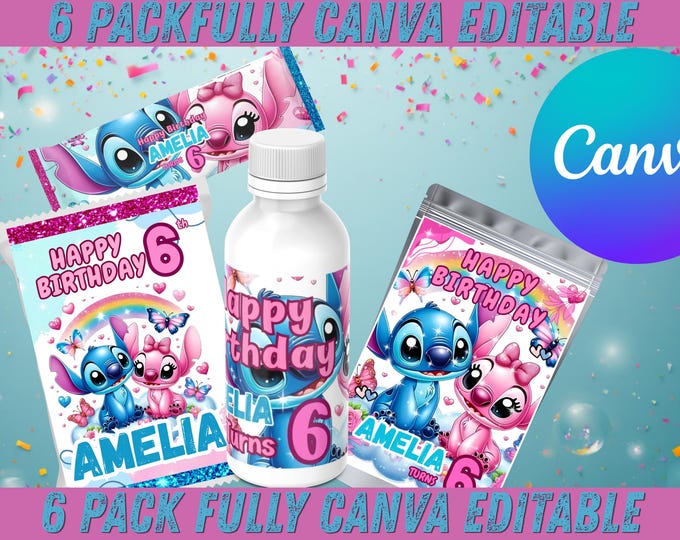 Featured listing image: Stitch Angel Birthday Party Favor Bundle | Canva Editable Treat Boxes (Digital Download)