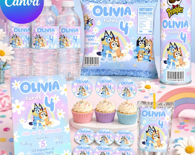 Featured listing image: Playful Blue and Orange Puppy Birthday Party Favor Bundle